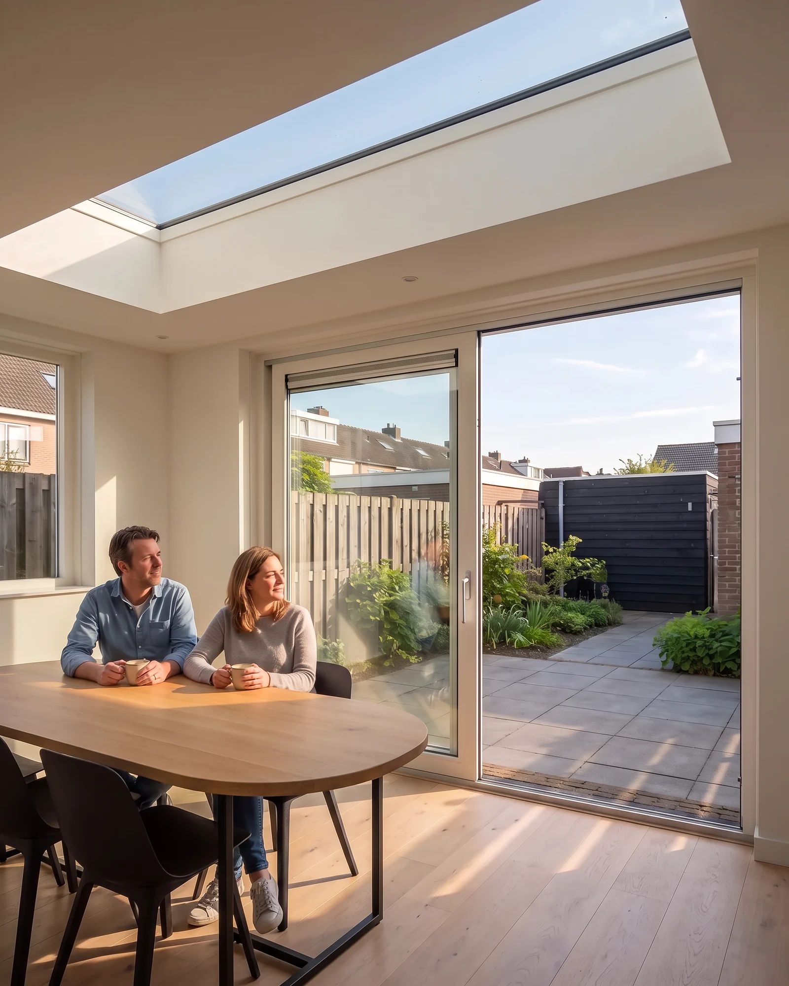 Een stel drinkt koffie in hun nieuwe uitbouw en kijkt door de schuifpui naar de tuin