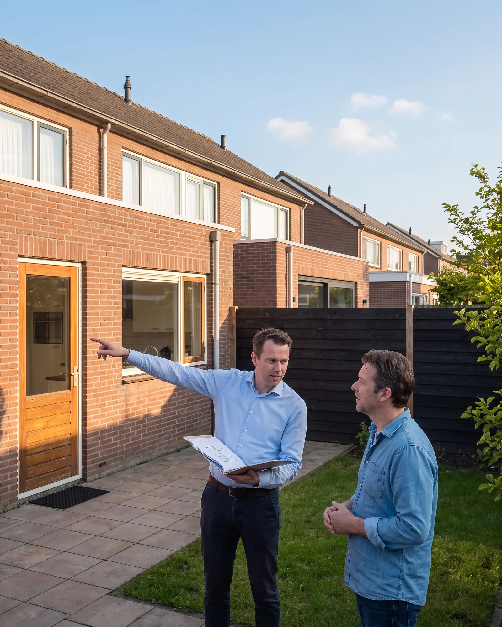 Een architect wijst een bewoner in de achtertuin aan waar de uitbouw kan komen