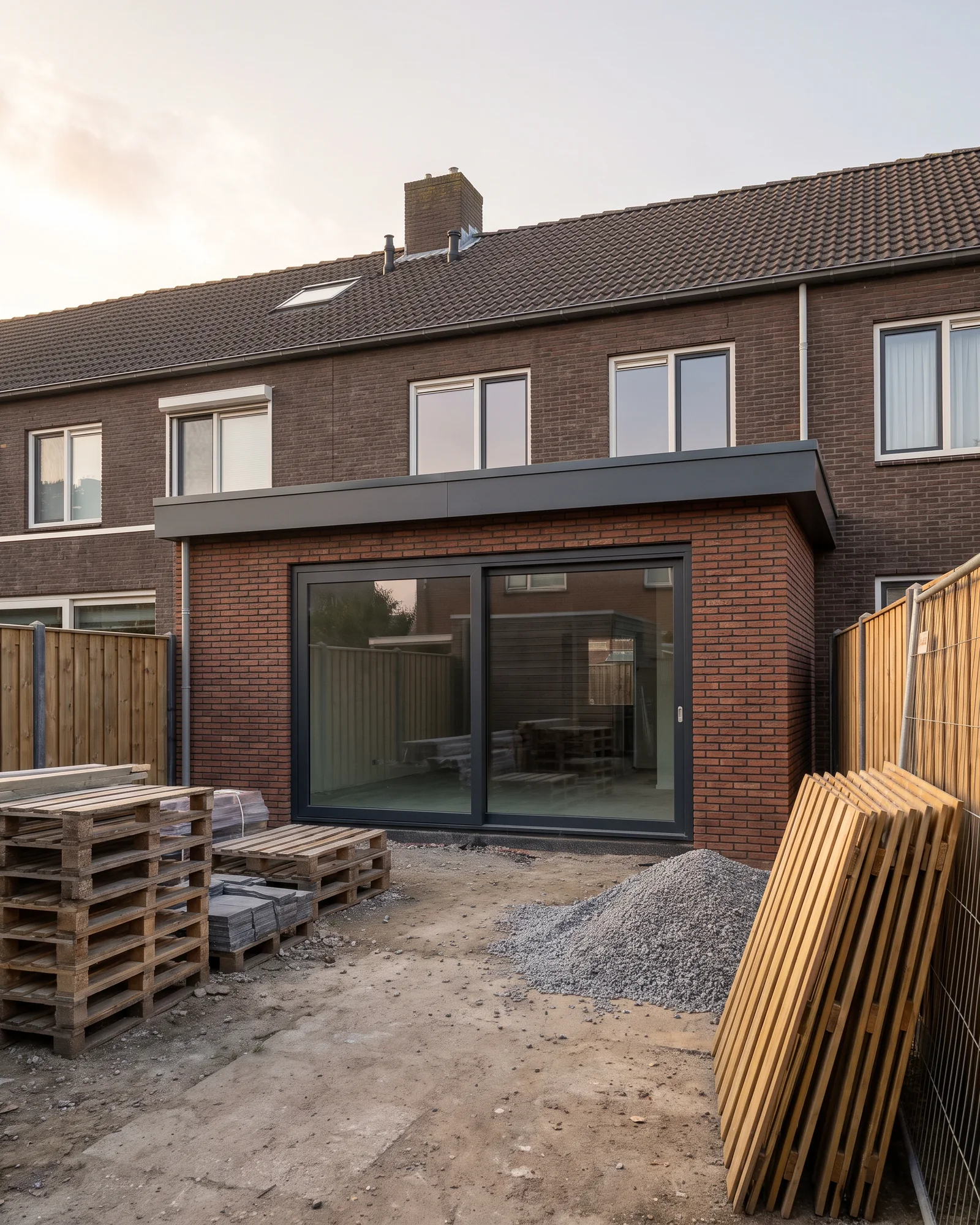 De nieuwe uitbouw achter een rijwoning is dicht; de tuin is nog bouwplaats