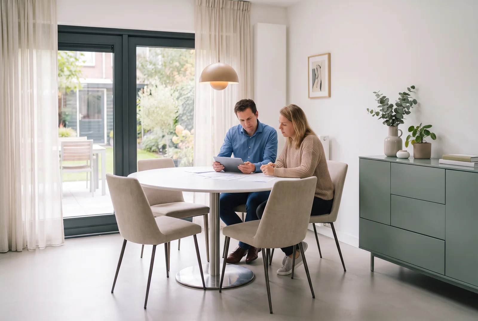Twee bewoners bekijken hun begroting aan de eettafel in een lichte, huiselijke eetkamer