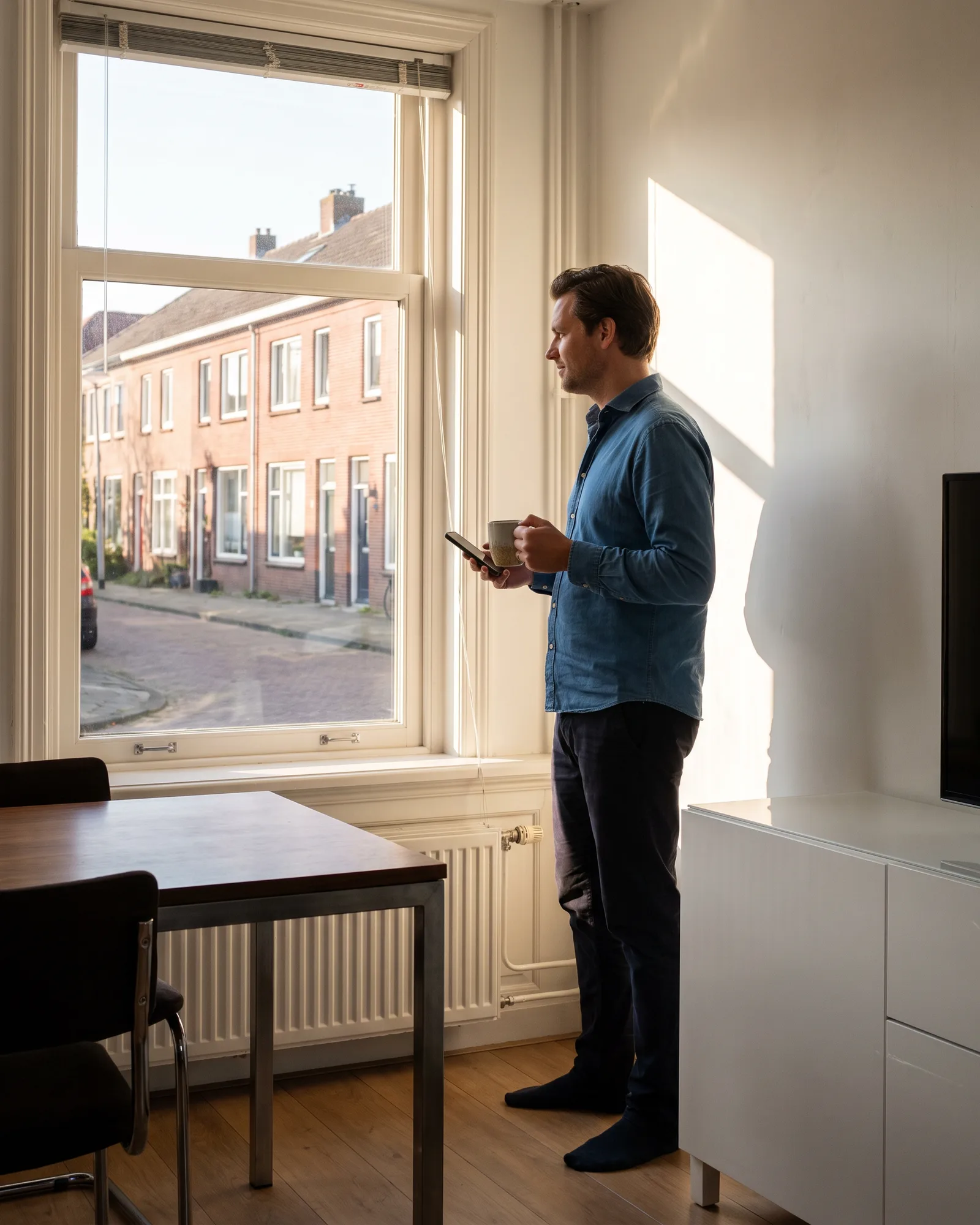 Een man leest op zijn telefoon de bevestiging, met een kop koffie in de hand