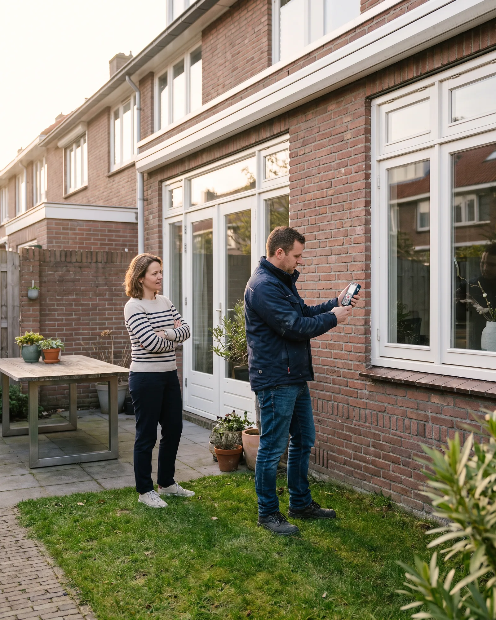 Een adviseur van ons meet met een laserafstandsmeter de achtergevel van een rijwoning op