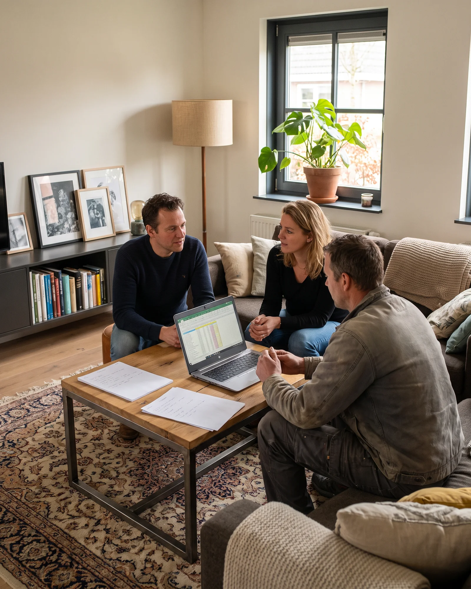 Bewoners bespreken aan de keukentafel de begroting met een bouwer
