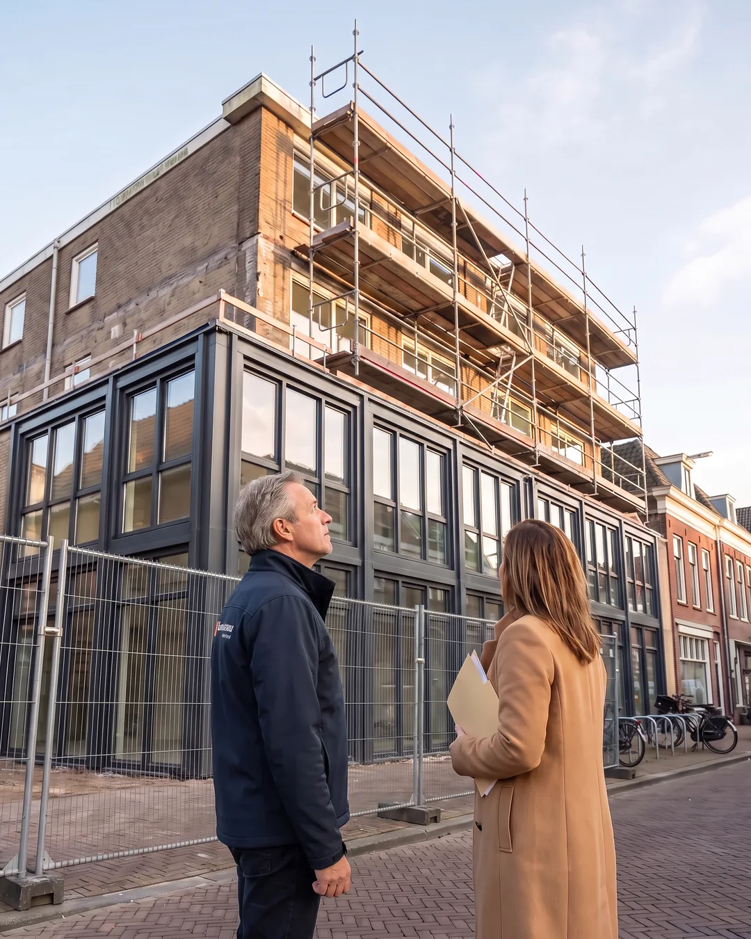 Een adviseur van Bouwbureau Nederland bekijkt met een opdrachtgever een gebouw in de steigers