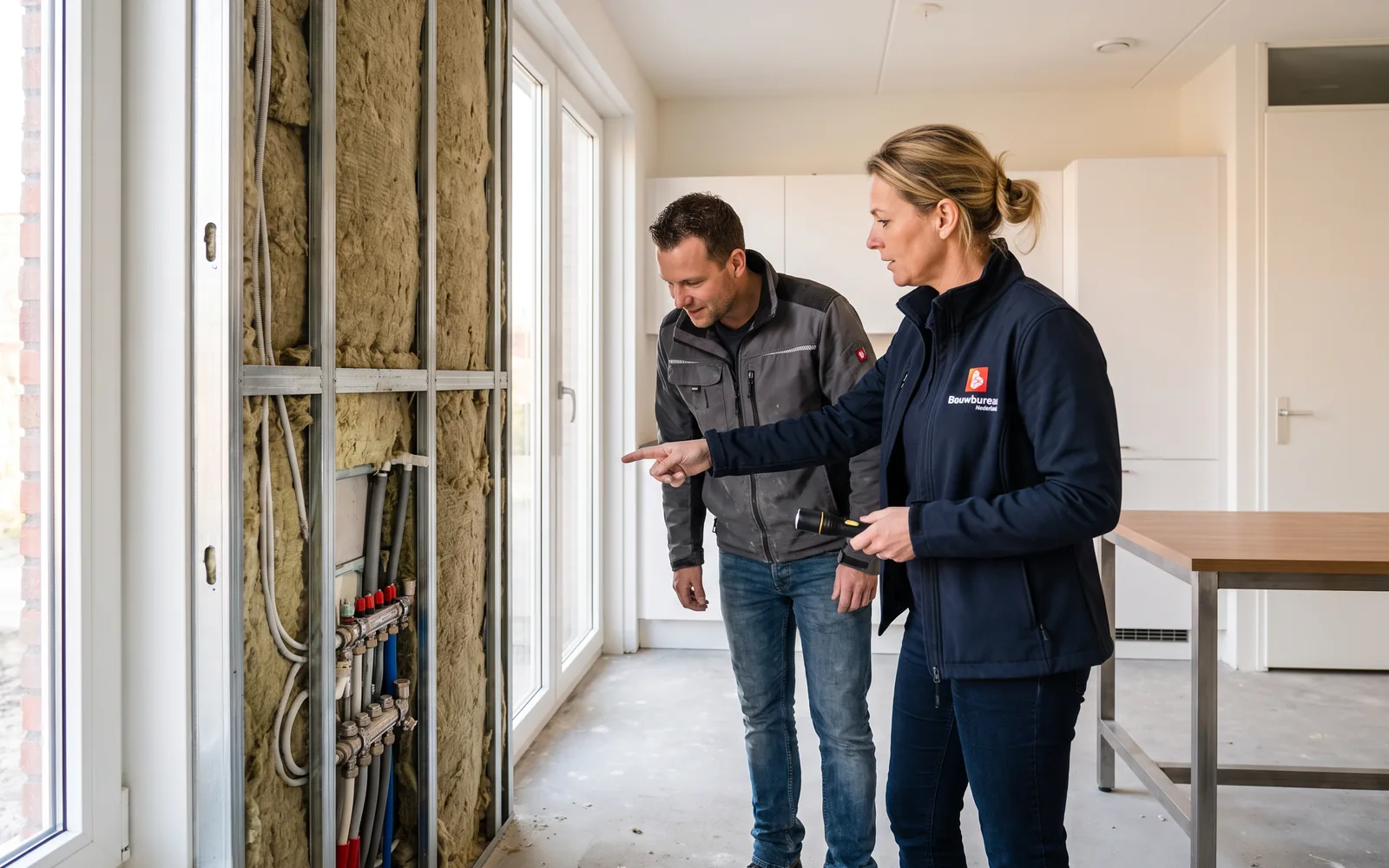 Onze bouwkundige schijnt met een lampje in een open wand van een nieuw appartement; de uitvoerder kijkt mee