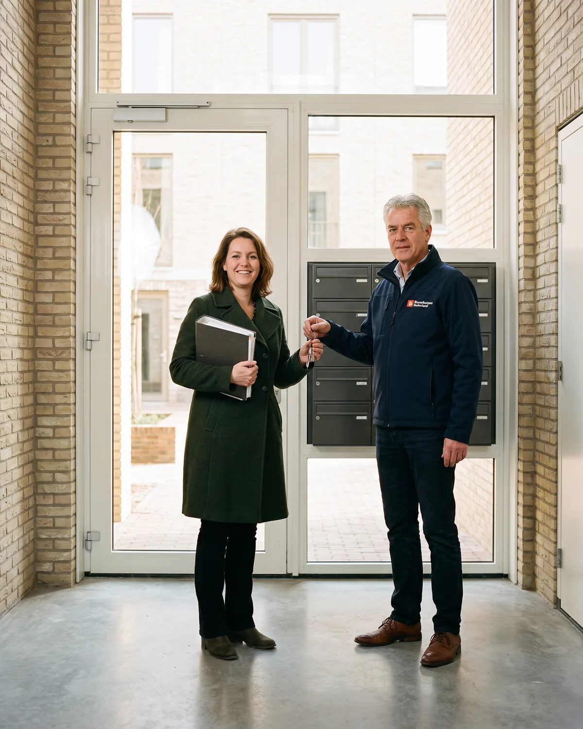 De ontwikkelaar staat met de sleutels en het opleverdossier in de hal van haar nieuwe appartementengebouw; onze bouwkundige staat naast haar