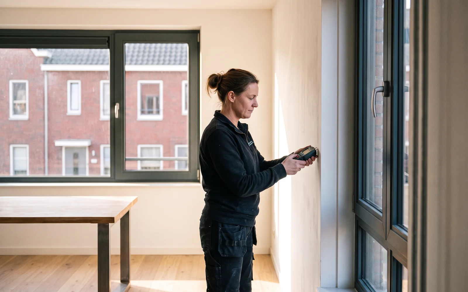 Een keurder met een vochtmeter bij een gevel van een rijwoning, in zonlicht