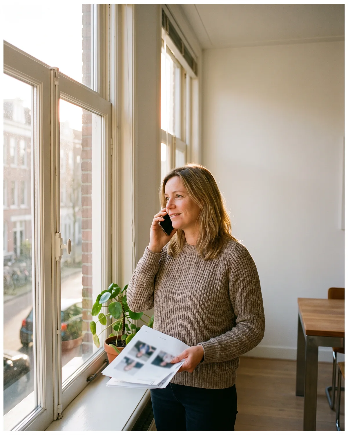 Een vrouw aan de telefoon bij het raam van haar woning, met een rapport in de hand