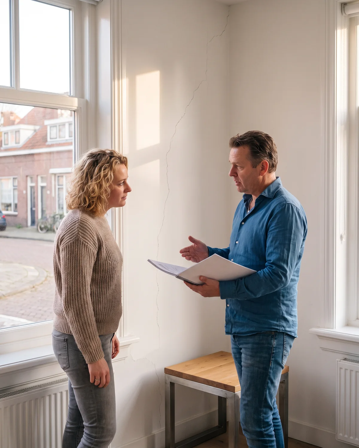 Een eigenaar en onze adviseur bij een scheur in een binnenmuur, het rapport erbij