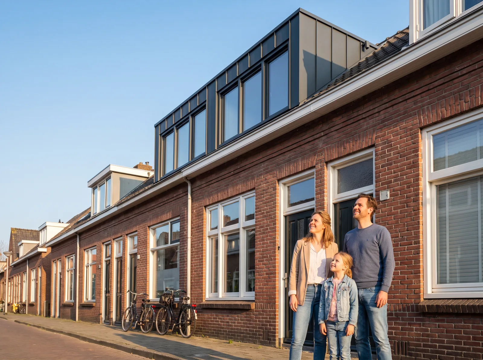 Een gezin staat in de zon voor hun rijwoning met een nieuwe dakopbouw