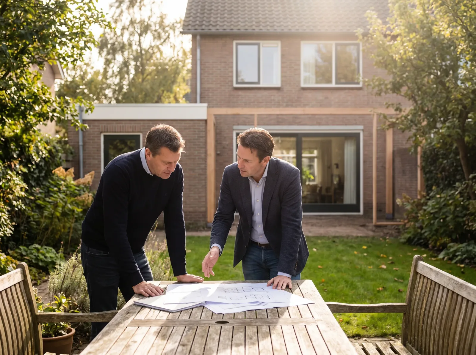 Twee mannen buigen in de tuin over de tekeningen van een aanbouw