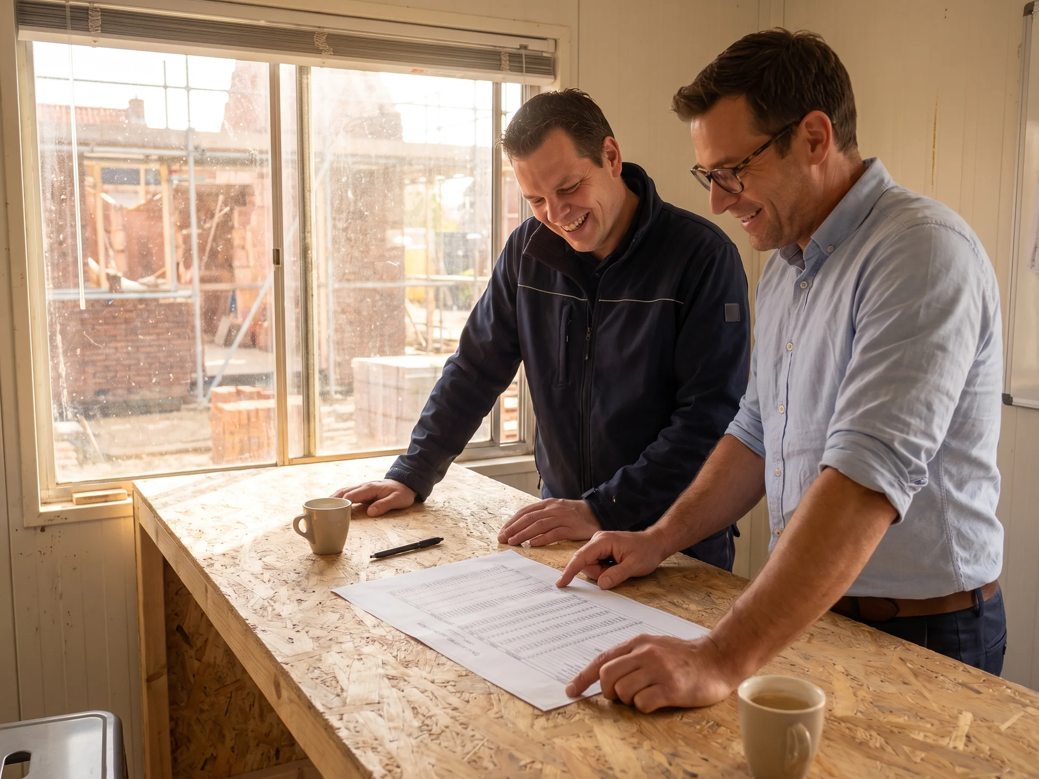 Twee mannen bekijken samen een tekening in een bouwkeet