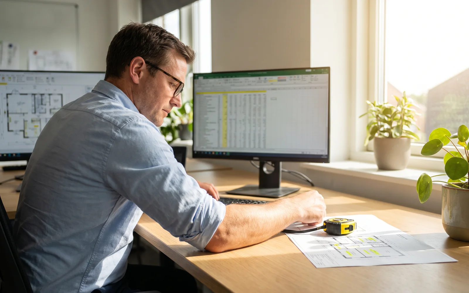 Een calculator van ons trekt aan zijn bureau hoeveelheden uit een bouwtekening