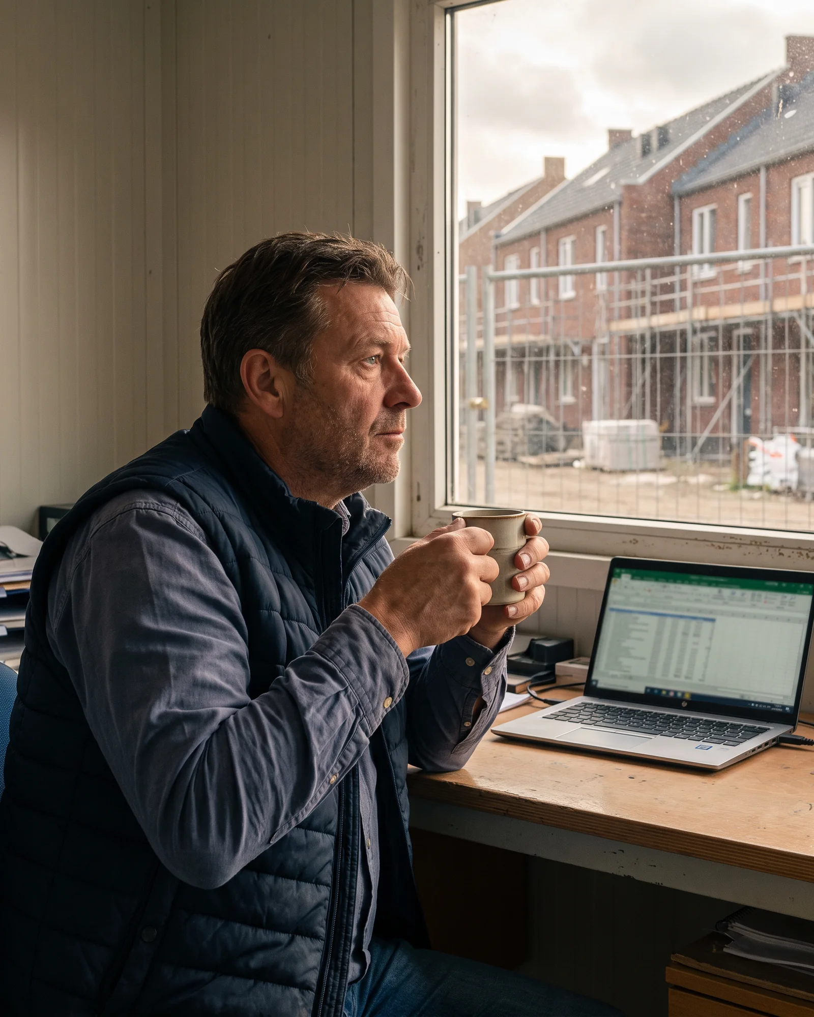 De directeur van een bouwbedrijf kijkt vanuit de bouwkeet naar de nieuwbouwwoningen in uitvoering, zijn laptop open op tafel