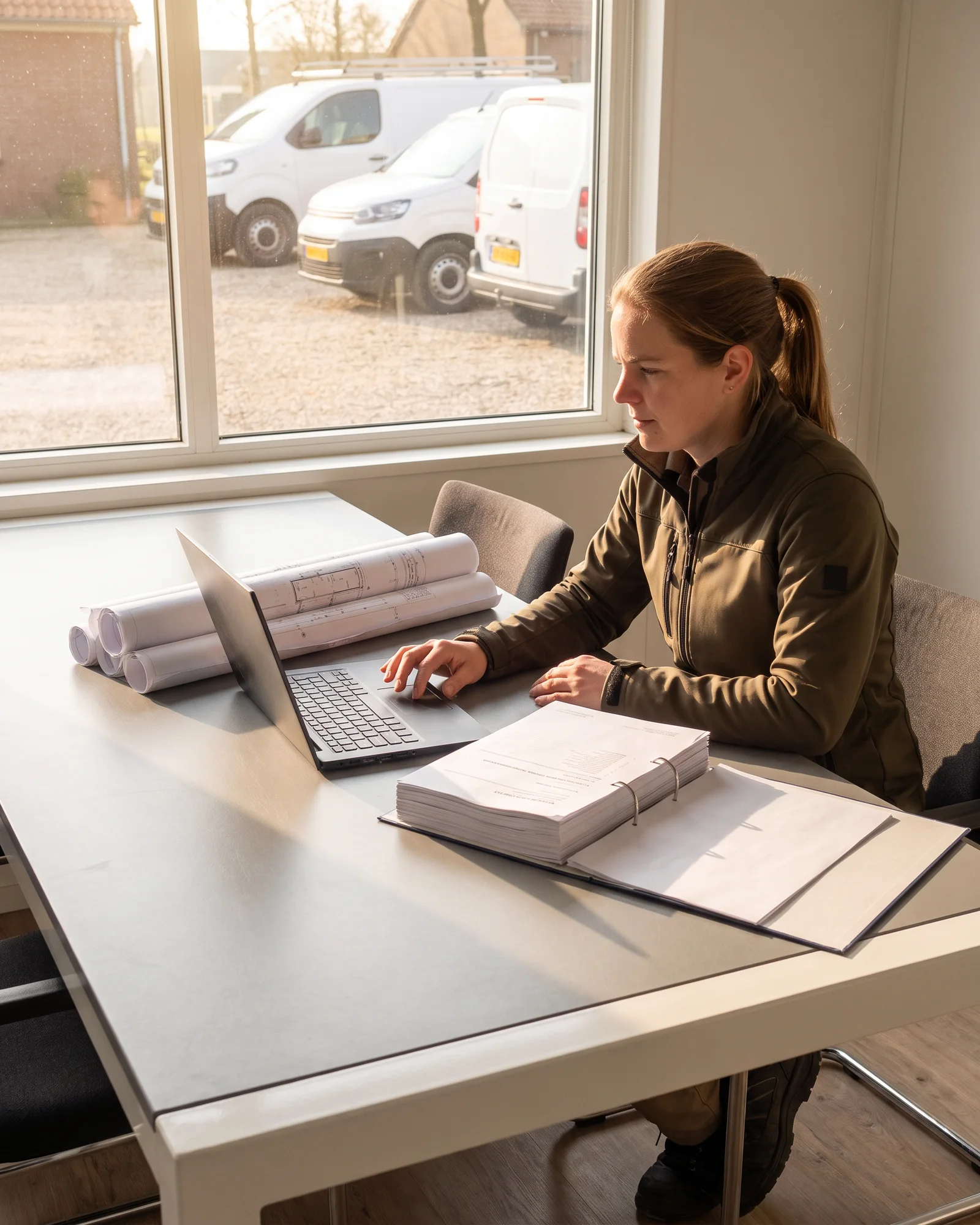 Een projectleider werkt op kantoor aan de stukken