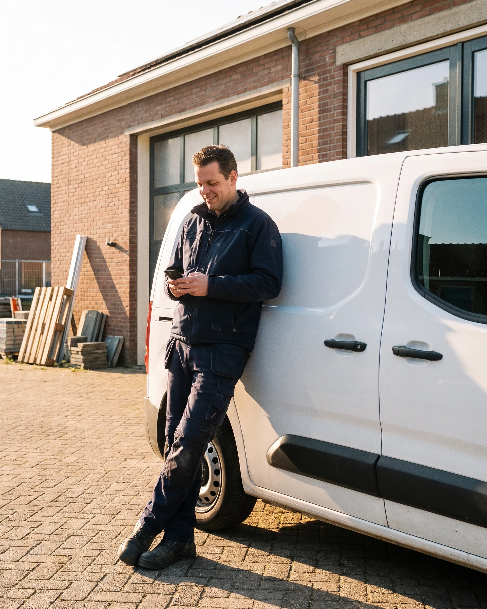 De directeur van een bouwbedrijf leest bij zijn bus de prijs en de datum op zijn telefoon