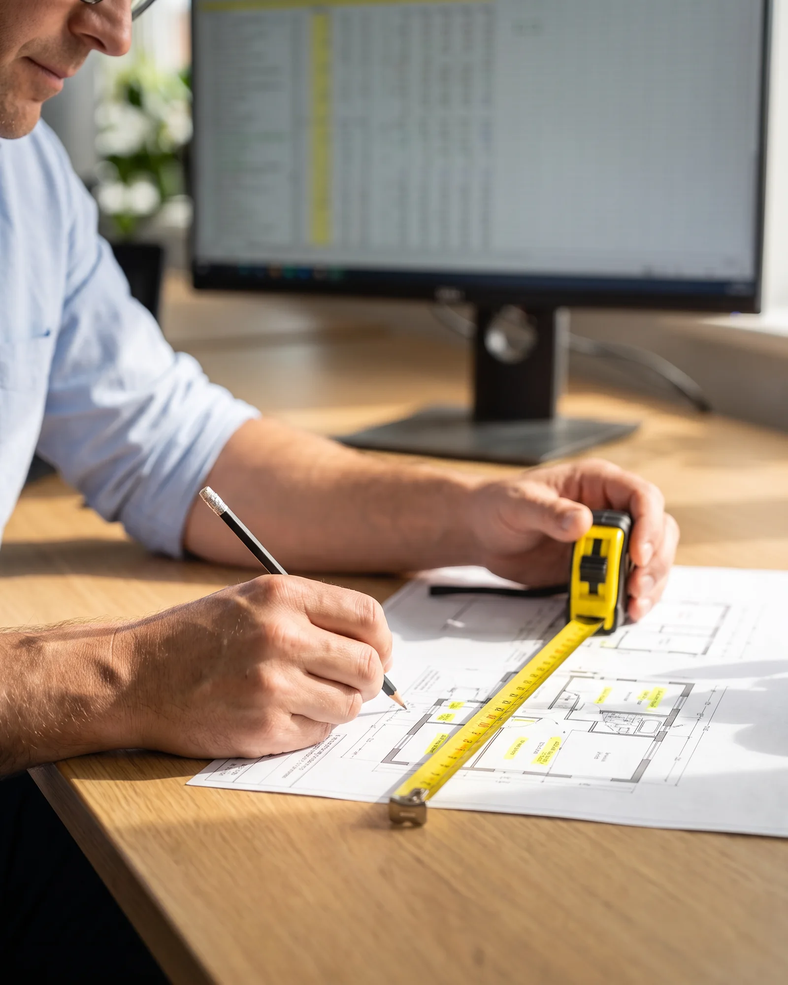 Een calculator van ons werkt aan een begroting, met de tekening ernaast