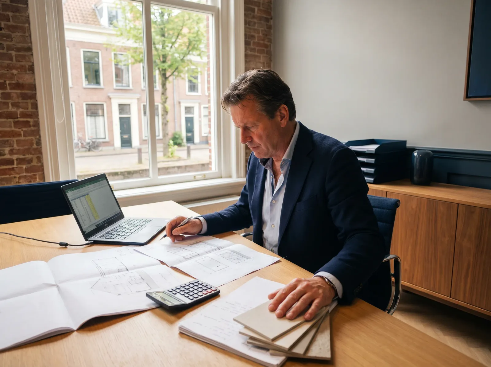 Een calculator werkt aan een begroting, met de tekeningen en een rekenmachine naast zich op tafel
