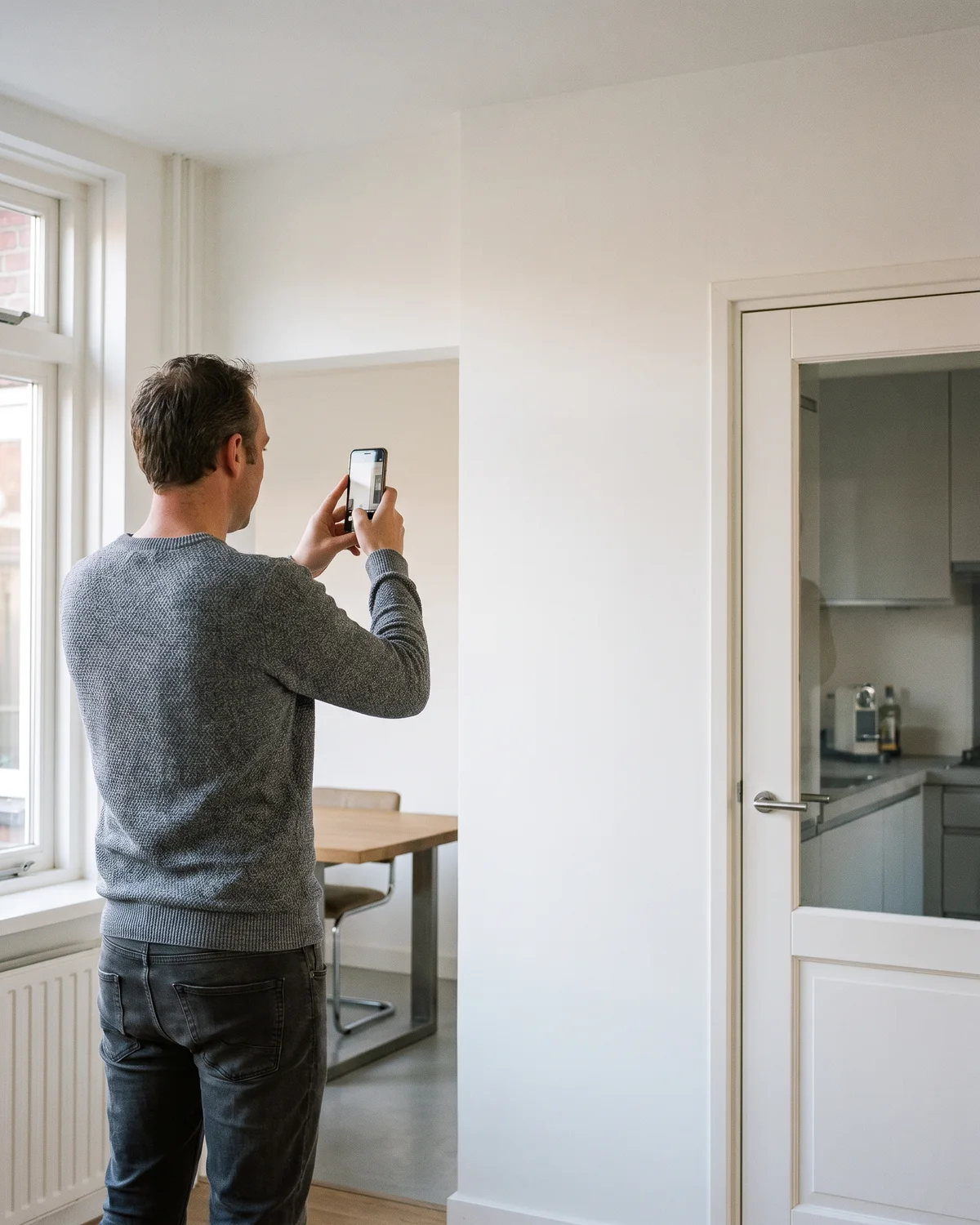 Onze tekenaar meet met een laserafstandsmeter een ruimte op in een bestaand pand