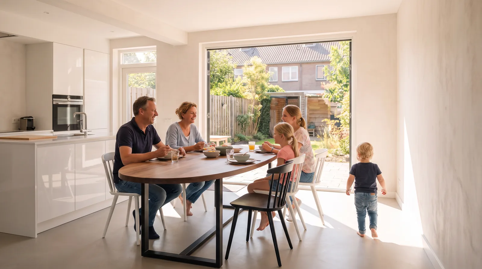 Een gezin aan een lange ovale tafel in hun nieuwe open keuken en woonkamer