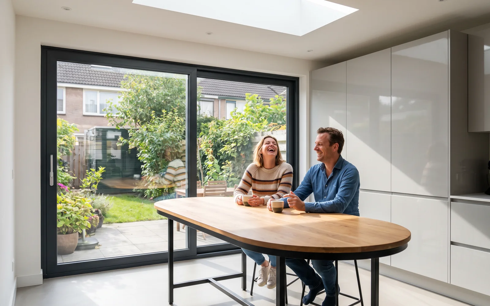 Bewoners aan de keukentafel in hun nieuwe aanbouw, met de tuin achter de schuifpui