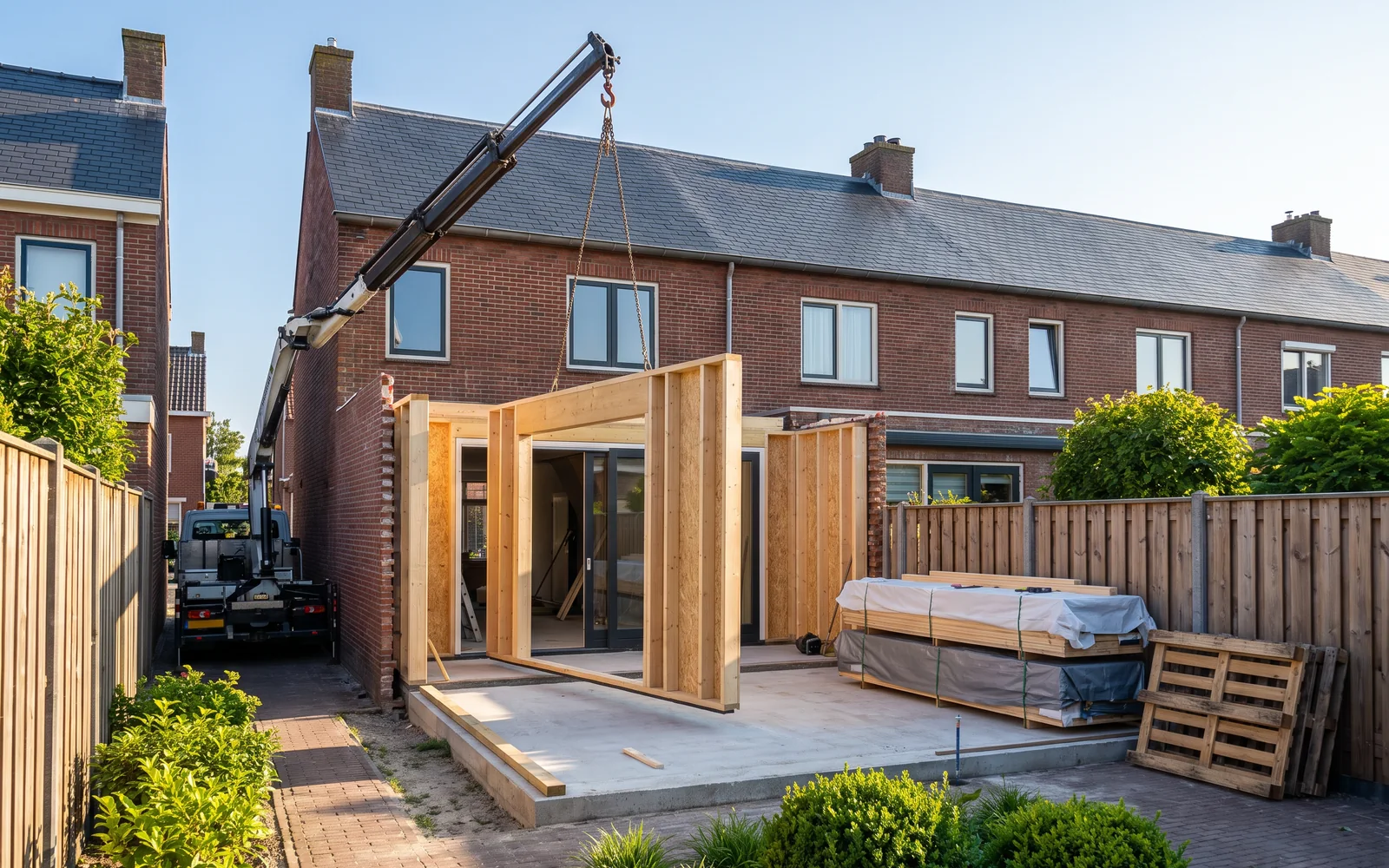 Een rijwoning met een nieuwe aanbouw in aanbouw, prefab wanden aan de kraan