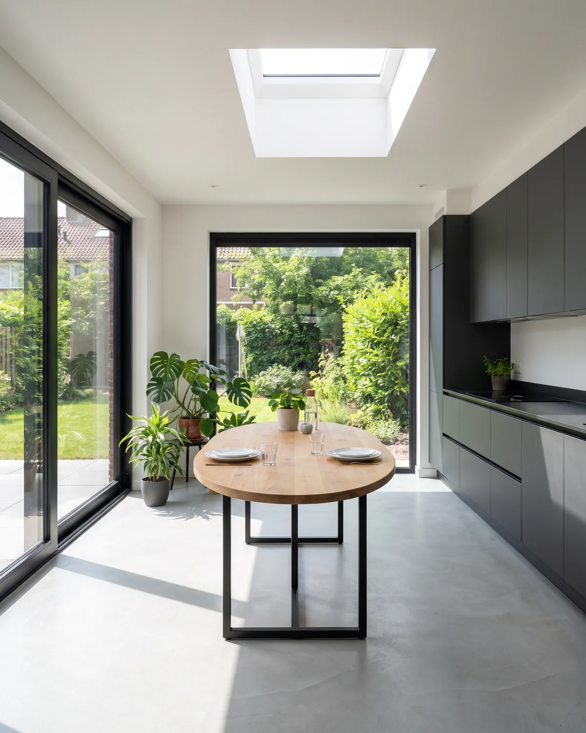 Een nieuwe aanbouw van binnen, met een ovale tafel en de tuin achter de schuifpui in de middagzon