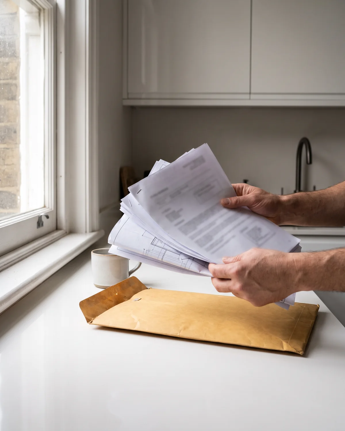 Handen die een offerte en een contract uit een envelop halen