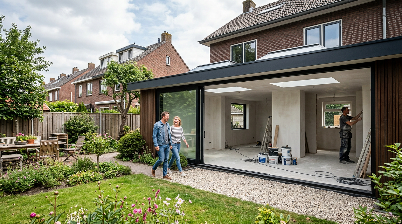 Bewoners bij hun woning tijdens de afwerking van een verbouwing