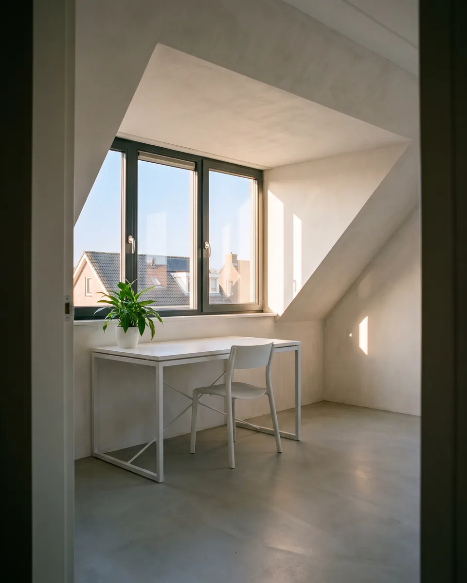 Een lichte zolderkamer met een bureau onder het raam van de dakkapel, zonder mensen