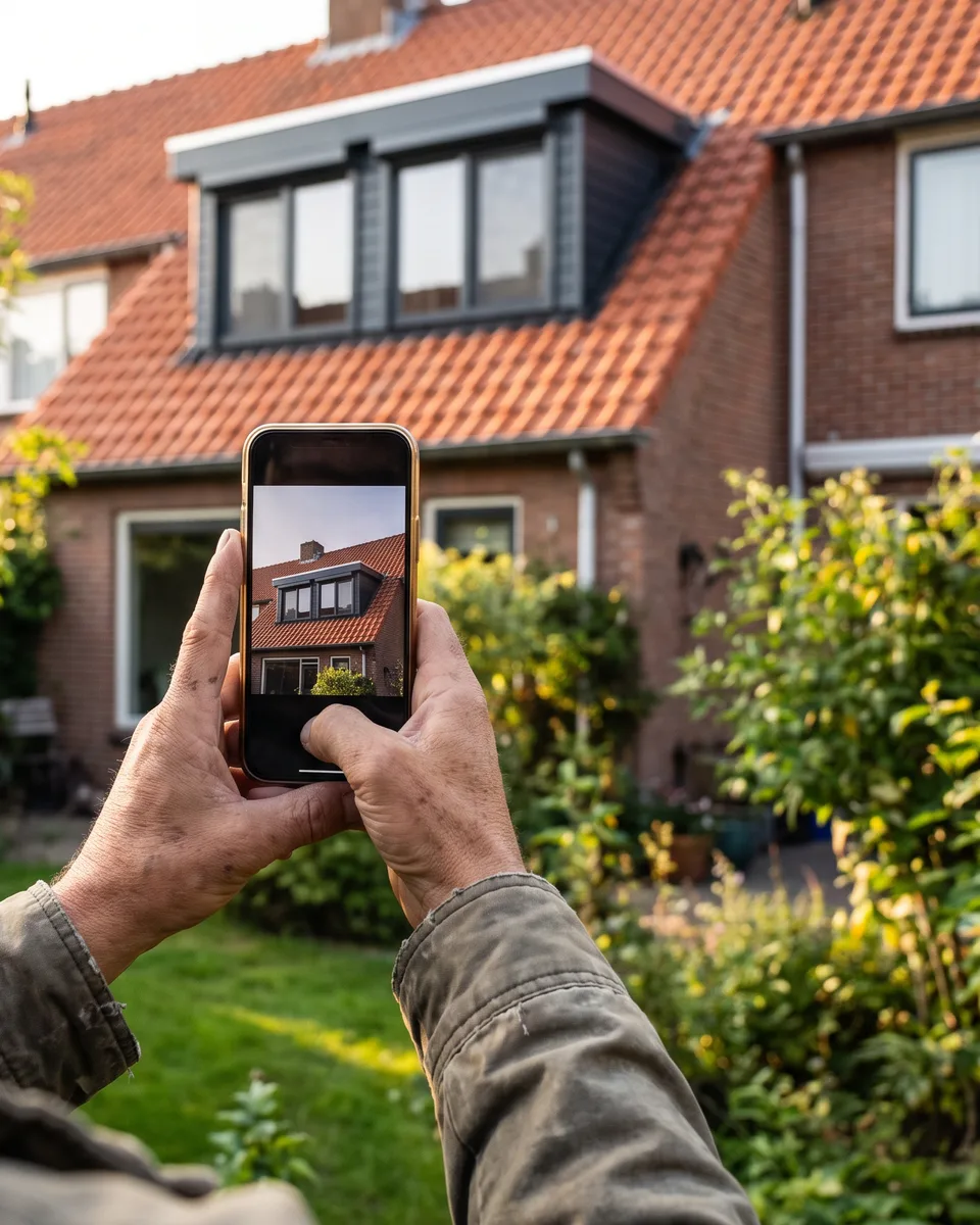 Handen houden een telefoon met een foto van een dak met een dakkapel