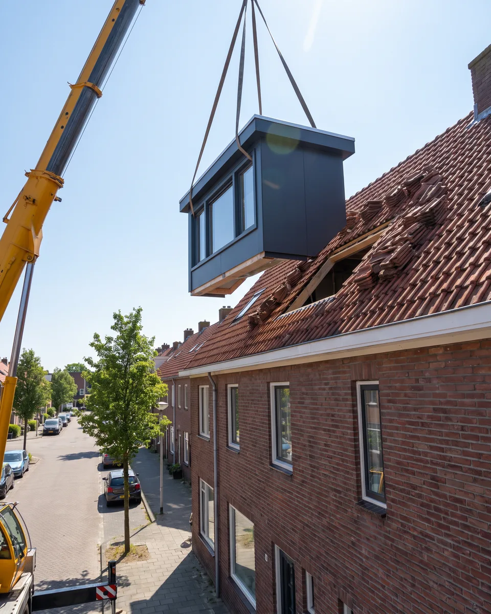 Een kraan hijst een prefab dakkapel op het dak van een rijwoning