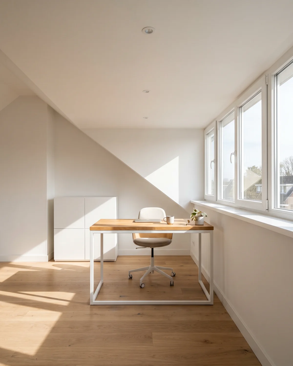 Een lichte werkkamer onder een nokverhoging, met een brede raamstrook en een bureau