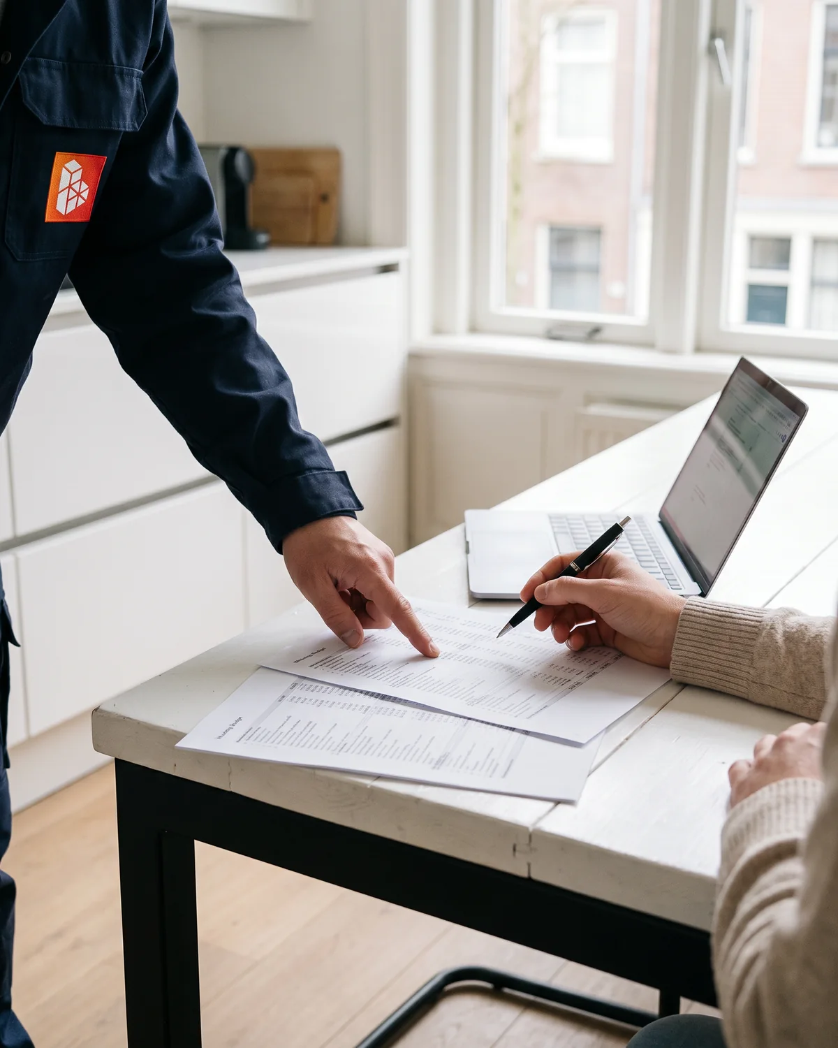 Onze adviseur wijst een post aan in de begroting; de klant houdt een pen vast