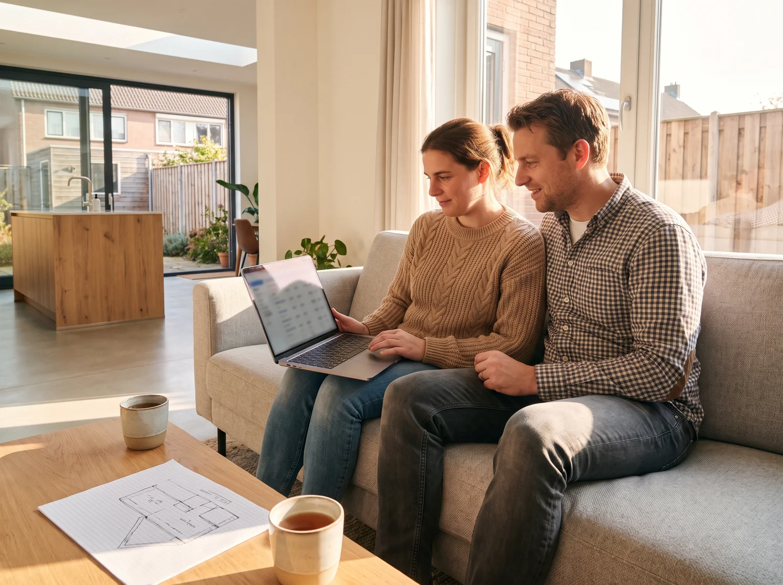 Een stel bekijkt aan de keukentafel de begroting van hun verbouwing op een laptop