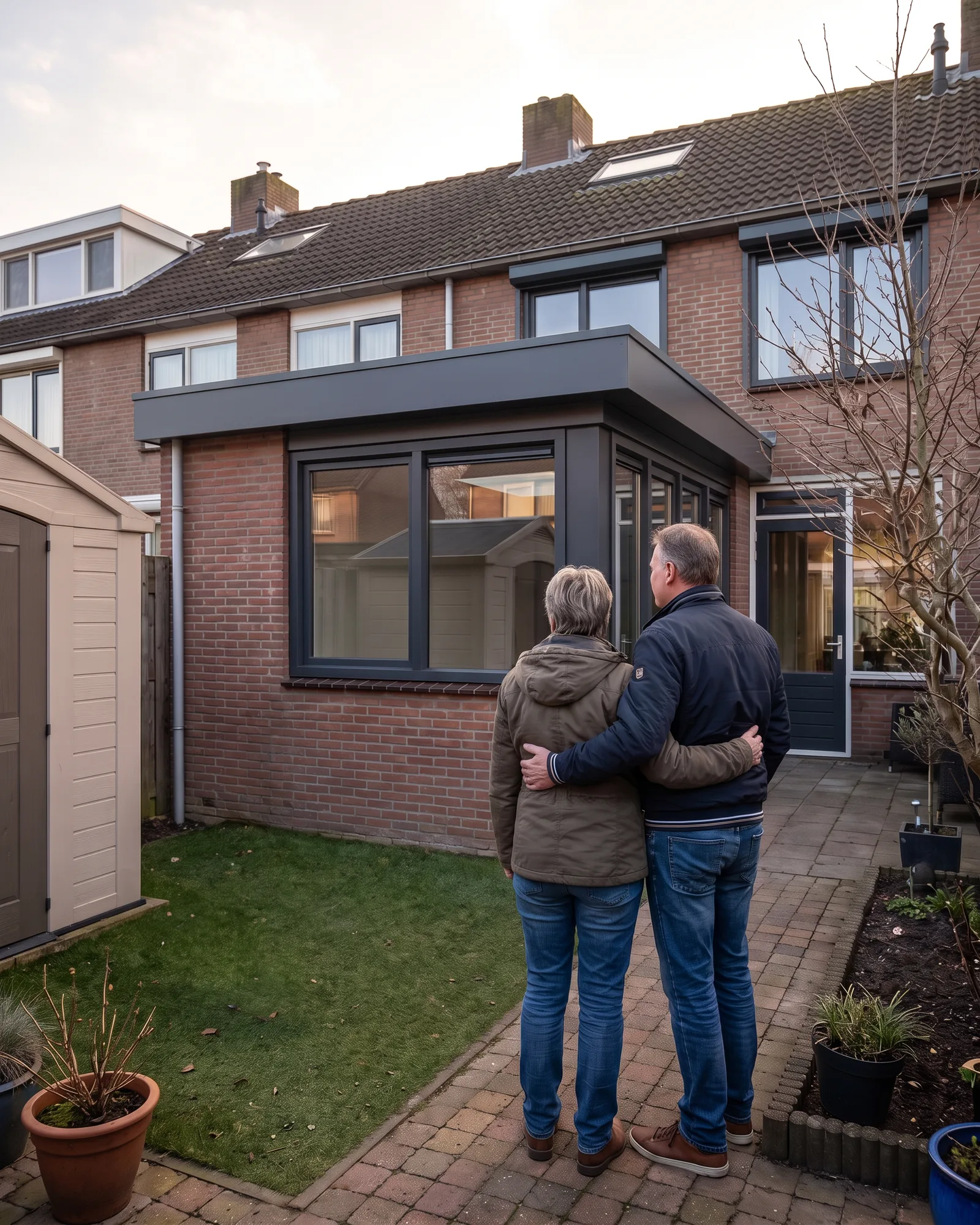 De bewoners bekijken vanuit de tuin hun nieuwe uitbouw, die net dicht is