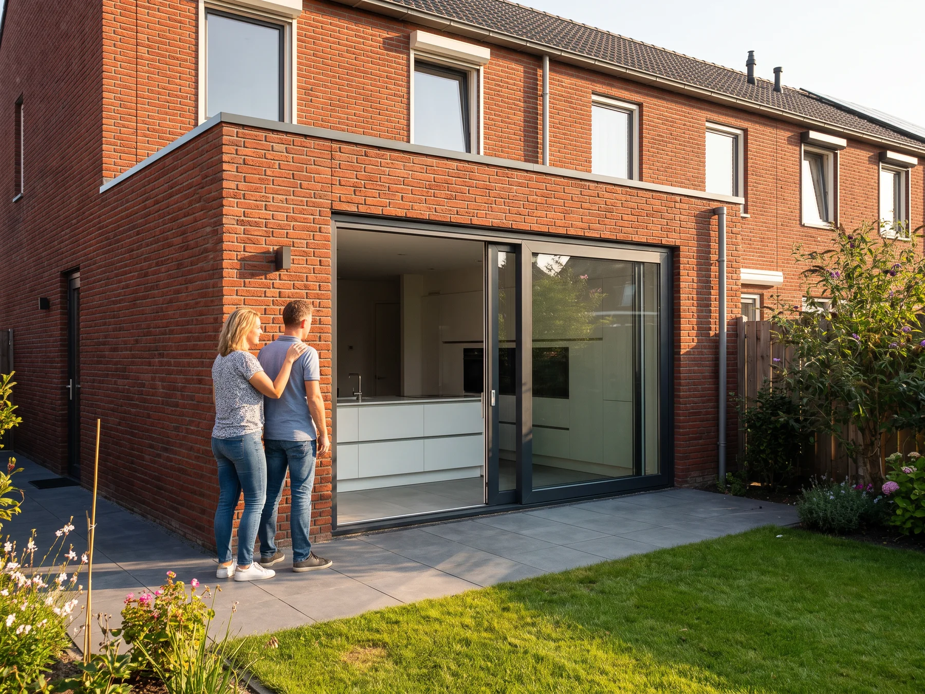 Twee bewoners staan op een zonnige middag in de tuin voor hun nieuwe aanbouw met schuifpui en kijken tevreden naar binnen