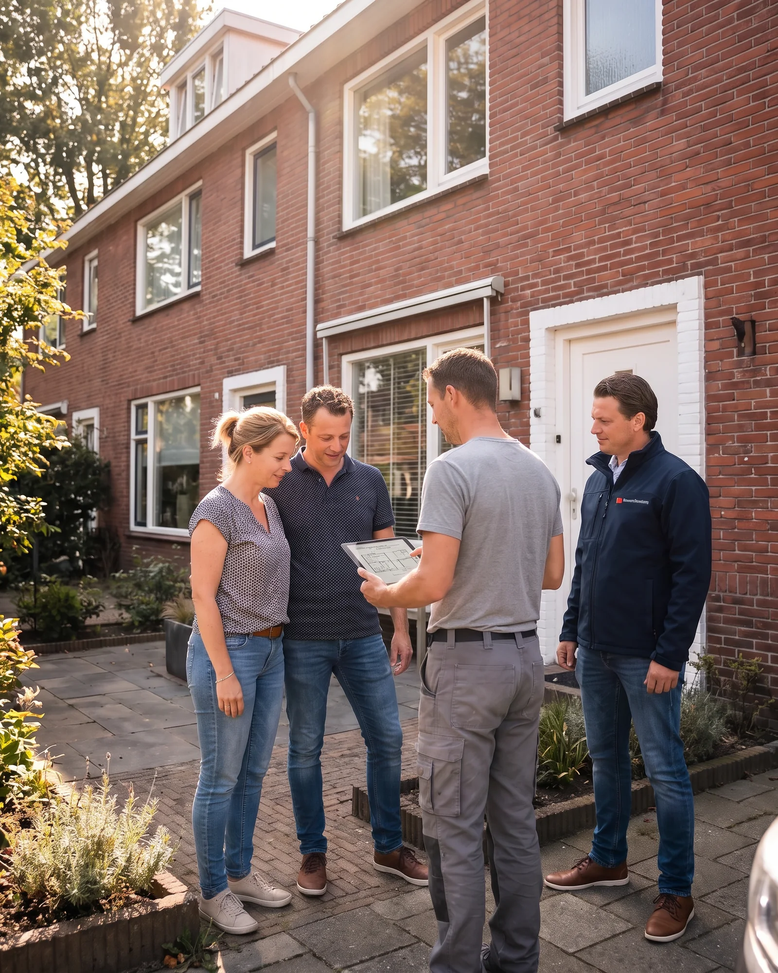 De bewoners maken bij hun huis kennis met een bouwer, met een adviseur van ons erbij