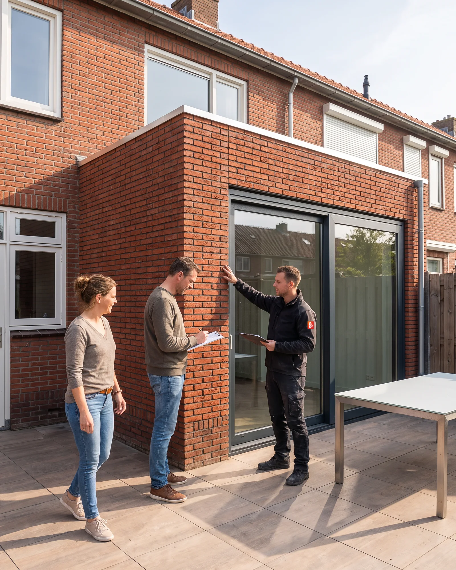 Bij de oplevering lopen de bewoners en een adviseur van ons samen langs de nieuwe aanbouw