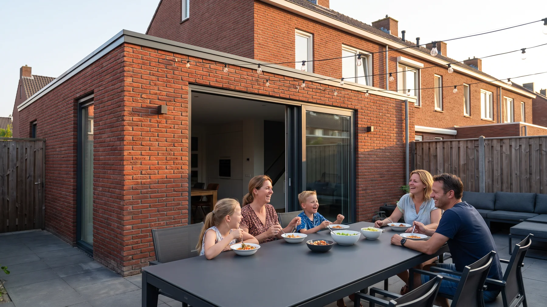 Een gezin zit op een zomeravond aan een lange tafel in de tuin achter hun huis met een nieuwe uitbouw