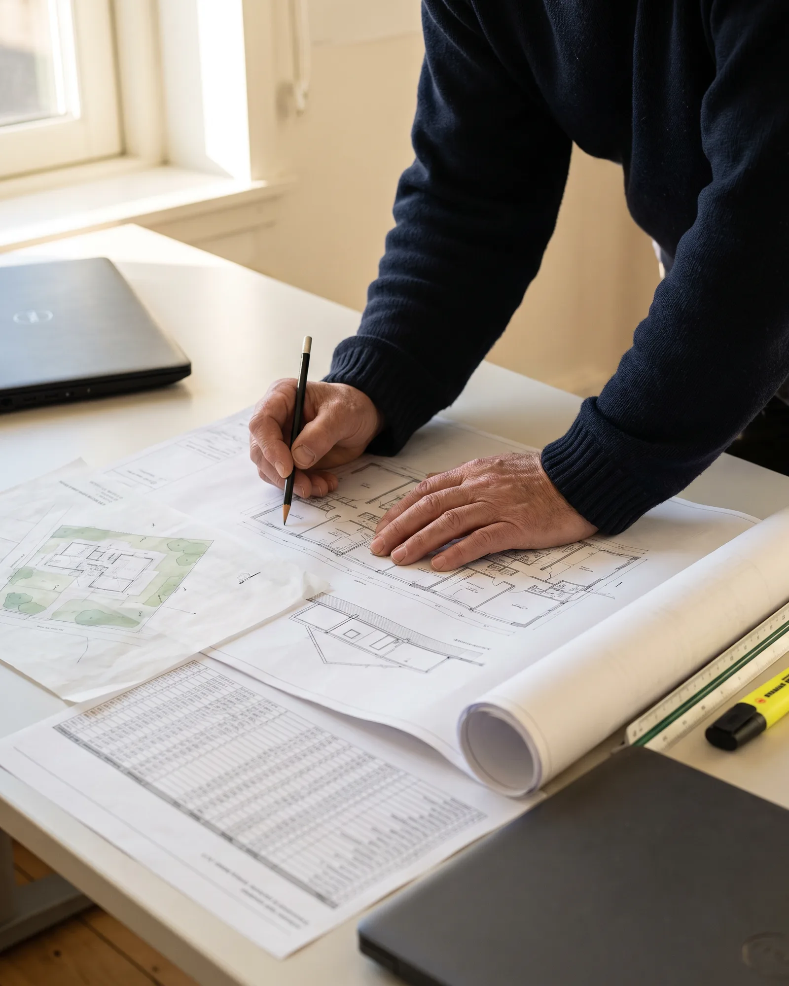Een calculator legt een bouwtekening naast de situatietekening en een berekening