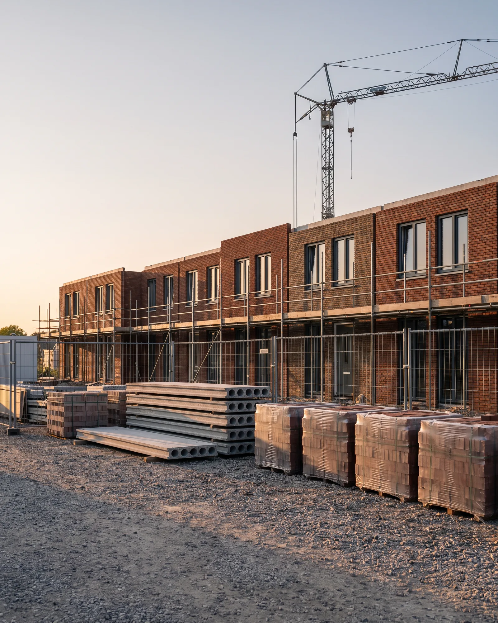 Nieuwe rijwoningen in de steigers, met een torenkraan en gestapelde bouwmaterialen