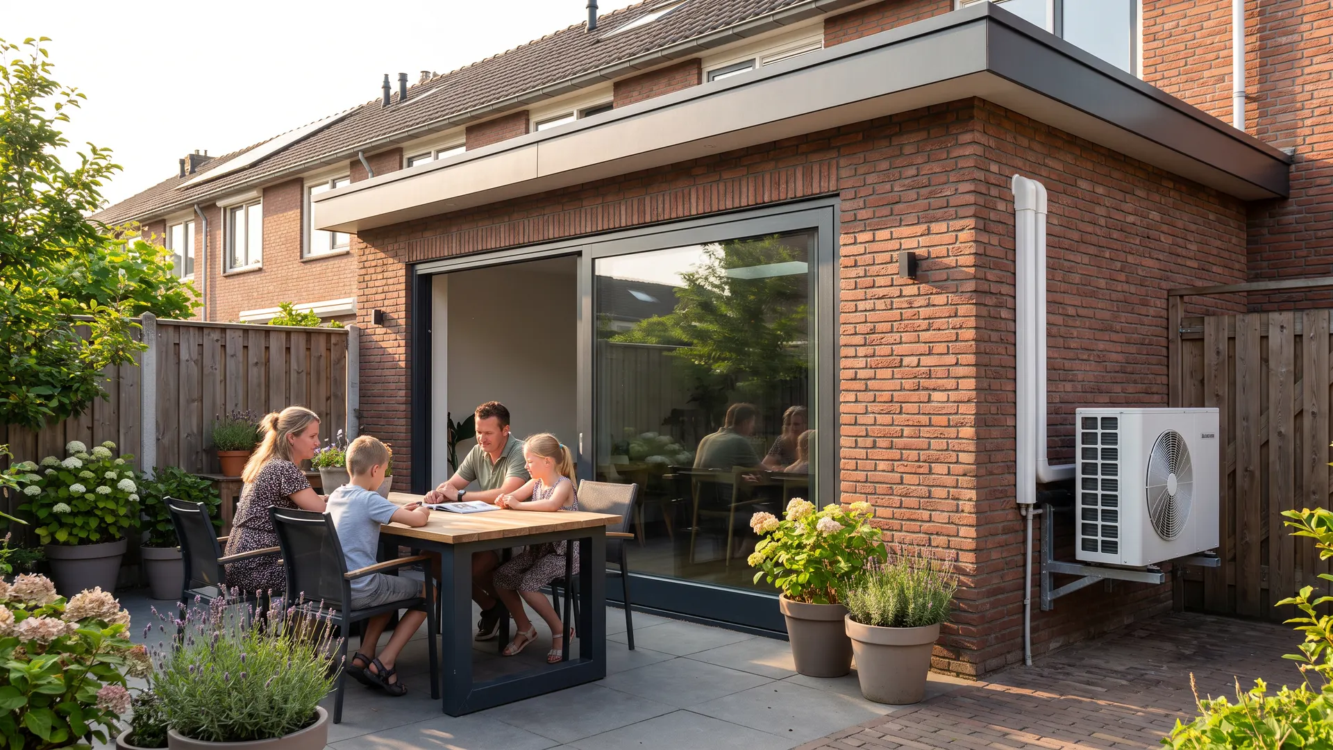 Een gezin op een zonnige middag in de tuin voor hun verbouwde huis, met de buitenunit netjes tegen de gevel