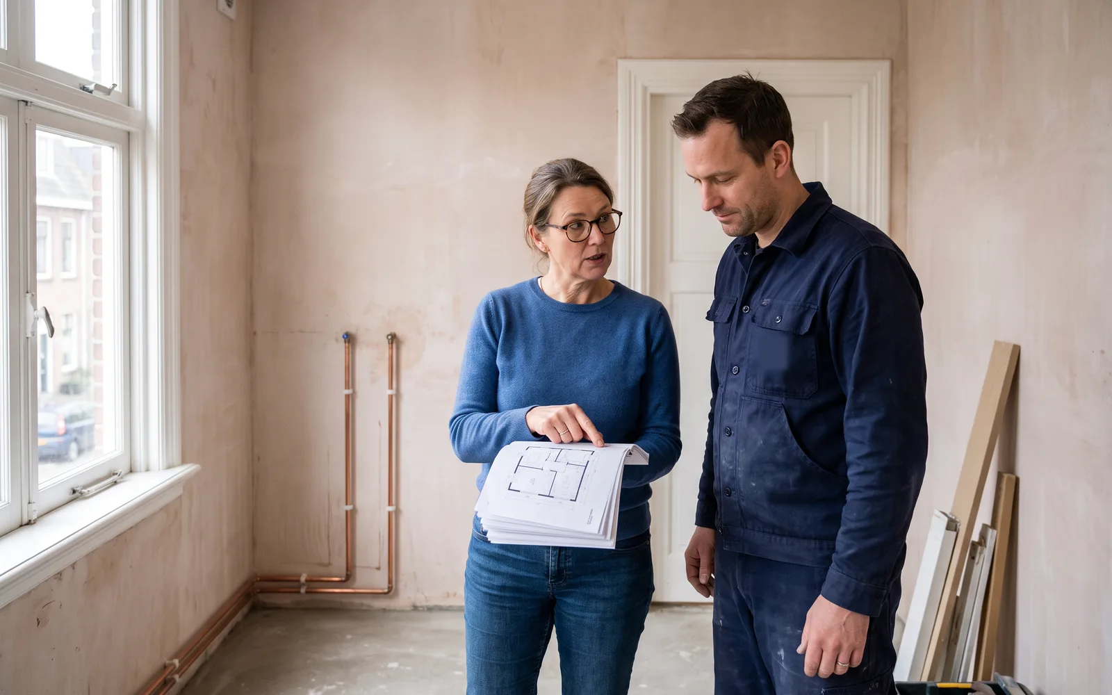 Een bewoonster neemt in haar kale badkamer de werkomschrijving door met haar loodgieter