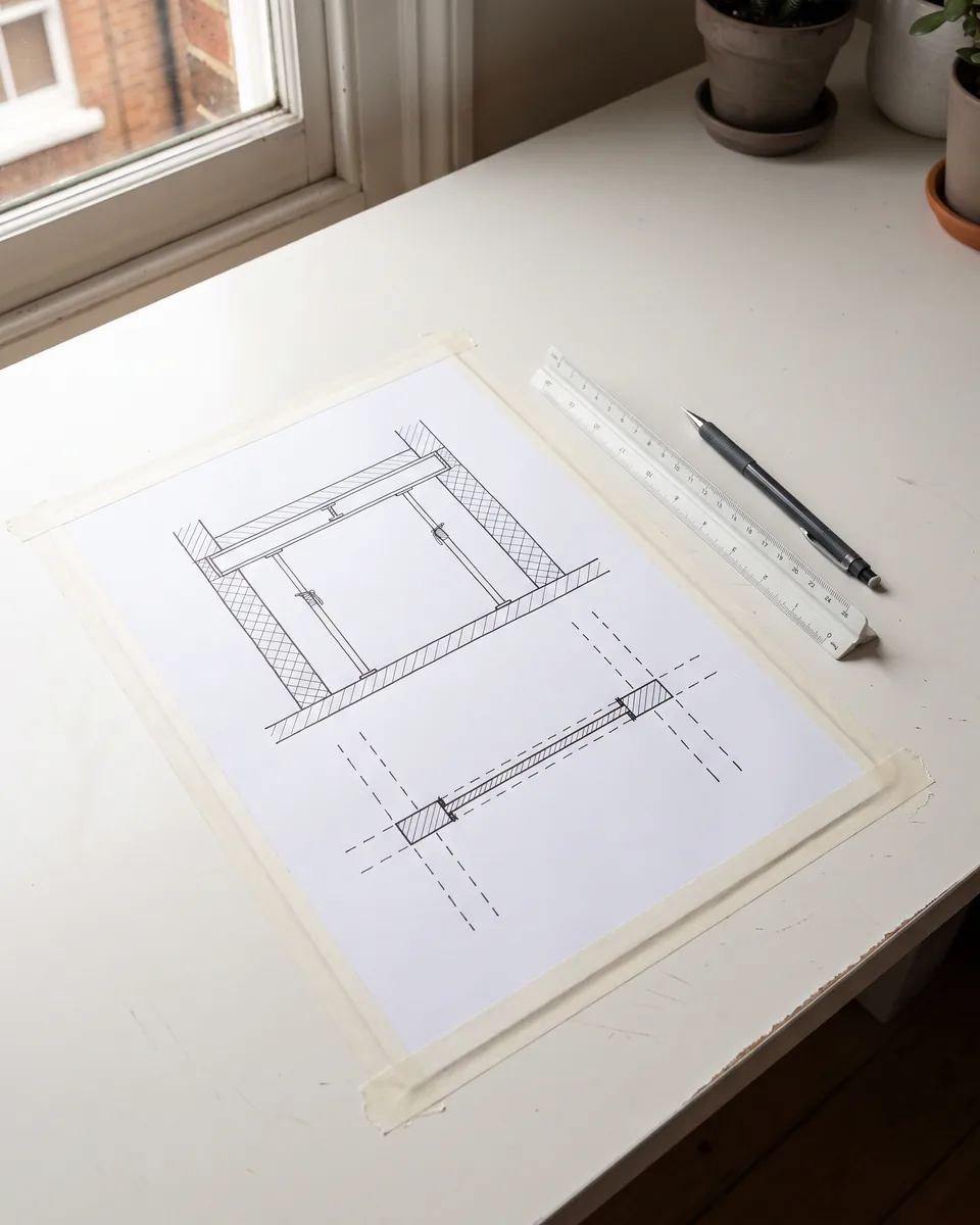 Een constructietekening van een doorbraak met een stalen balk op een werktafel
