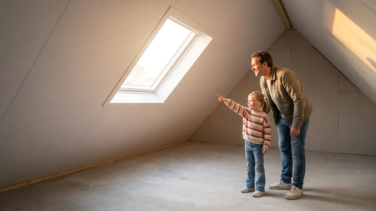 Een vader en zijn dochter op de kale zolder van hun huis; zij wijst aan waar haar kamer komt