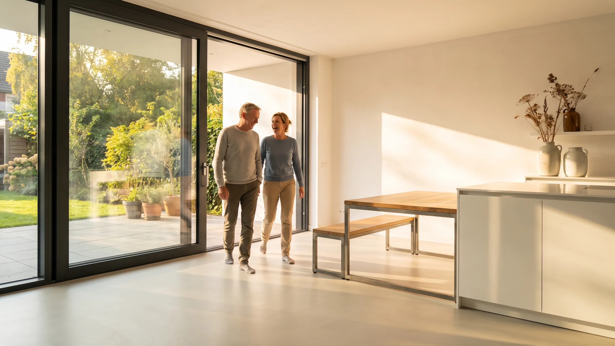 Twee bewoners lopen ontspannen door hun afgemaakte uitbouw naar de tuin.