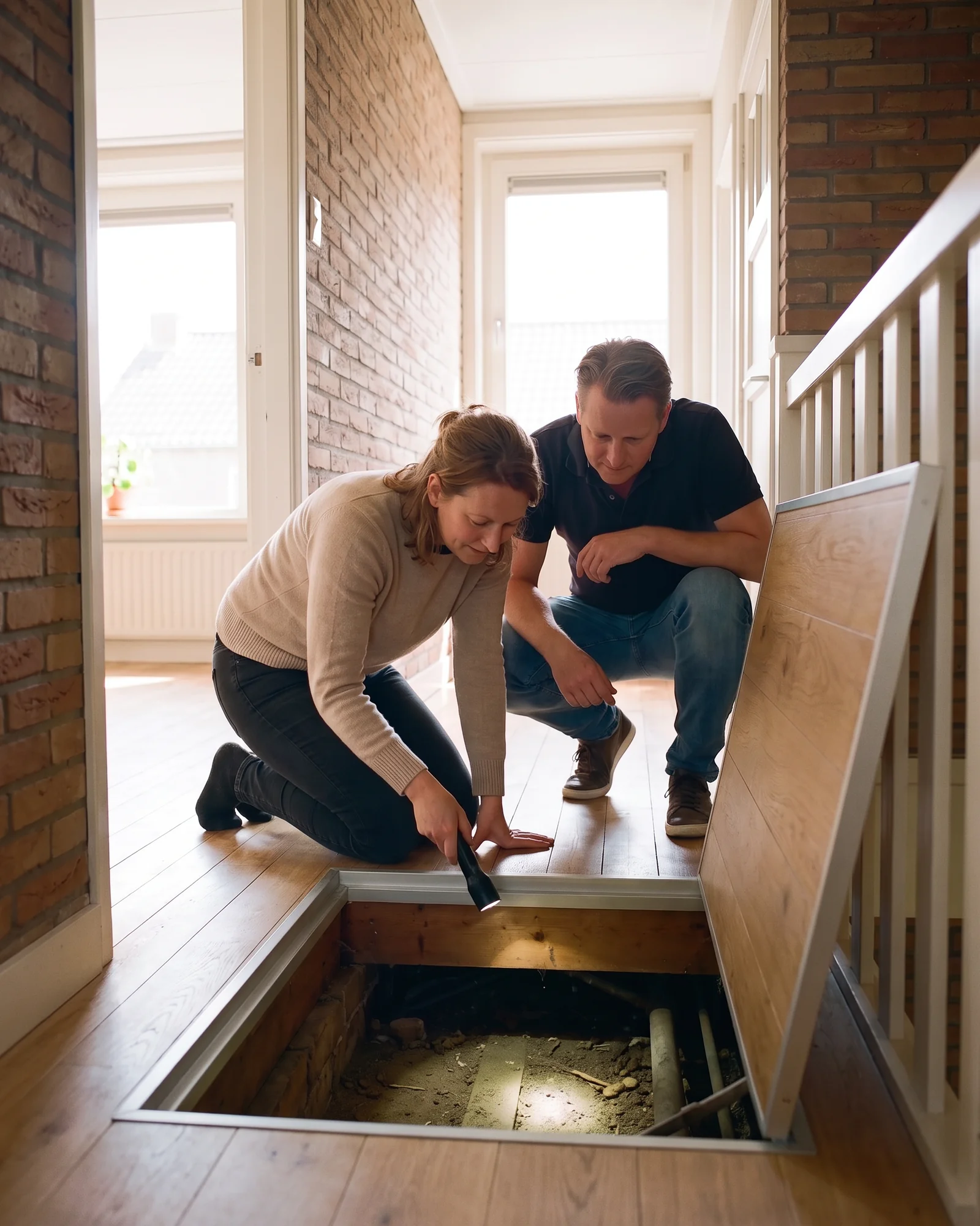 Een architect kijkt met een bewoner in de kruipruimte onder de vloer met een zaklamp