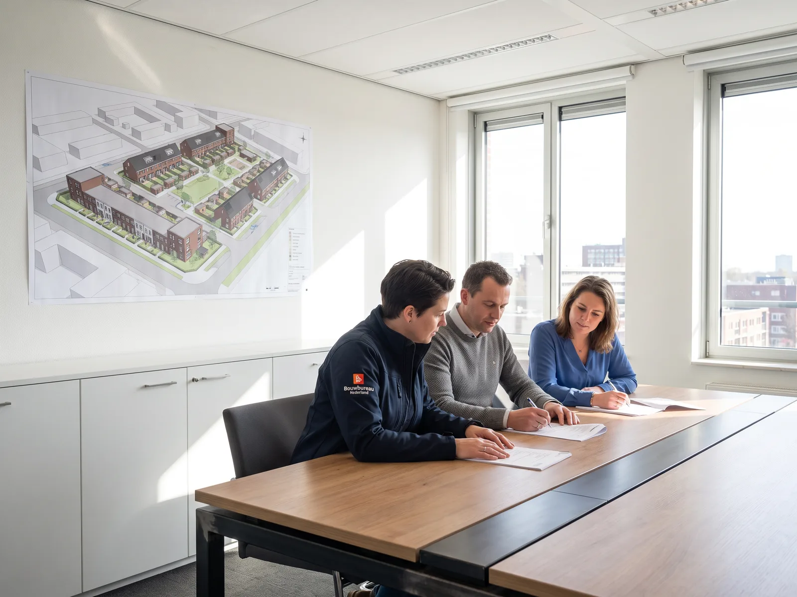 Een adviseur van Bouwbureau Nederland neemt op kantoor de stukken van een project door met twee opdrachtgevers