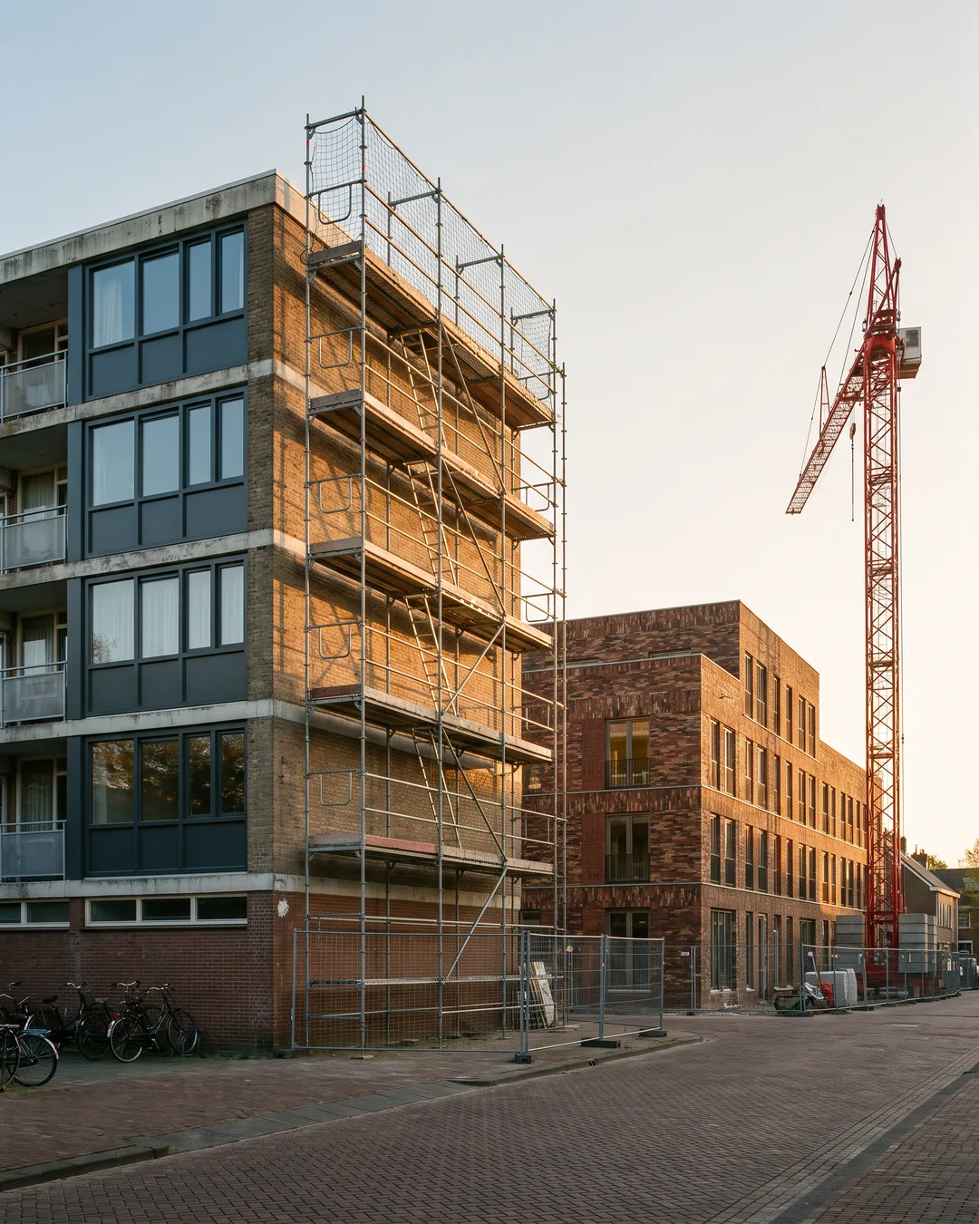 Een galerijflat uit de jaren zestig in de steigers voor renovatie, met ernaast een nieuw appartementengebouw in aanbouw